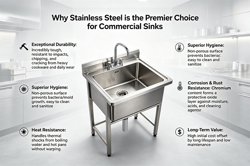 Hygienic Stainless Steel Sink Surface A close-up shot of a gleaming stainless steel sink surface.