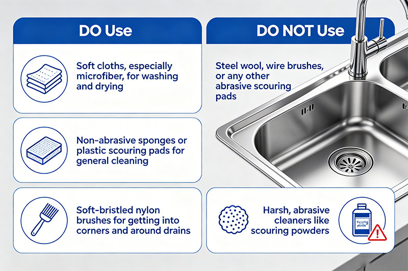 Proper Cleaning Tools for Stainless Steel A set of appropriate cleaning tools: a microfiber cloth, a soft-bristled brush, and a non-abrasive sponge.