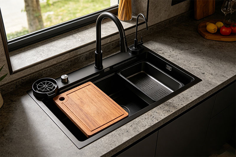 A modern home kitchen featuring a large, undermount stainless steel workstation sink with a brushed gold PVD finish.