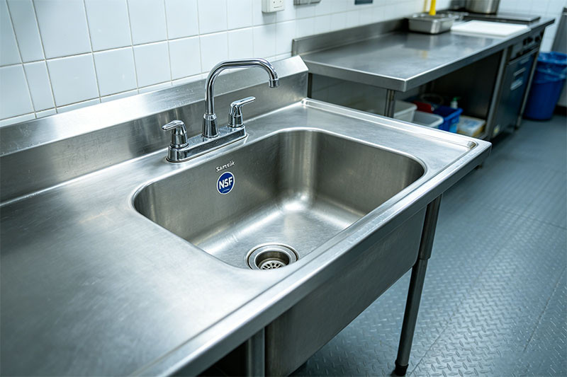 A clean, NSF-certified three-compartment stainless steel sink with coved corners in a commercial kitchen.