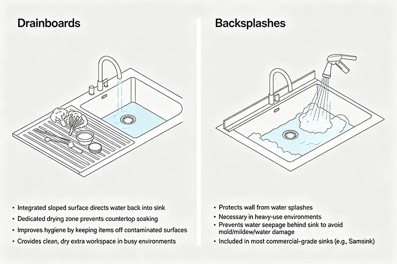 A stainless steel utility sink with an integrated drainboard and a high backsplash.