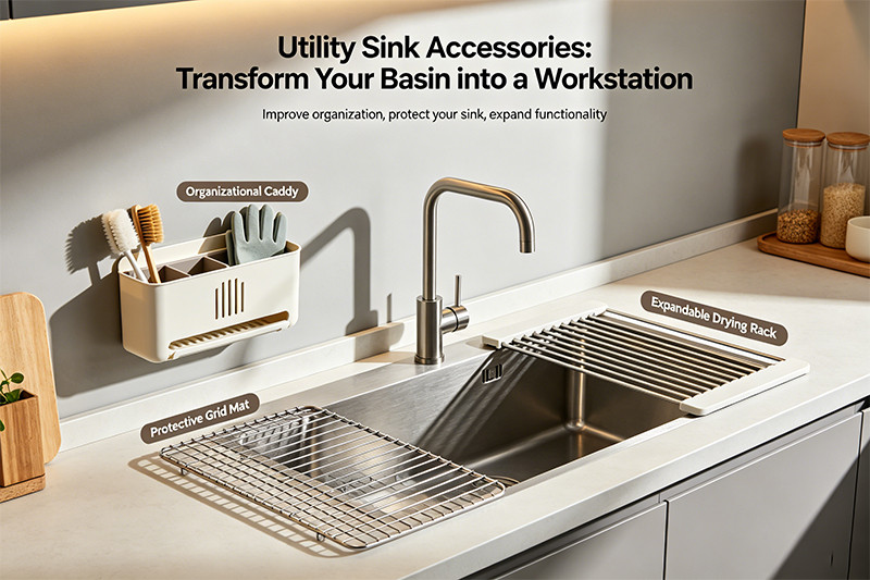 A well-organized utility sink with a pull-out faucet, a bottom grid, and wall-mounted shelving.