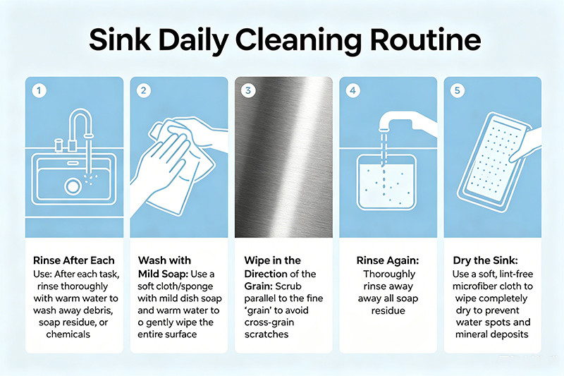 A person wiping a clean stainless steel sink dry with a microfiber cloth.