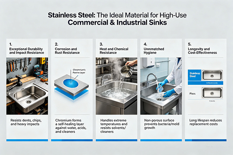 A shiny, durable stainless steel freestanding utility sink in a clean workshop.