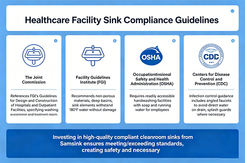 A modern, solid surface cleanroom sink with a hands-free faucet, installed in a sterile medical environment.