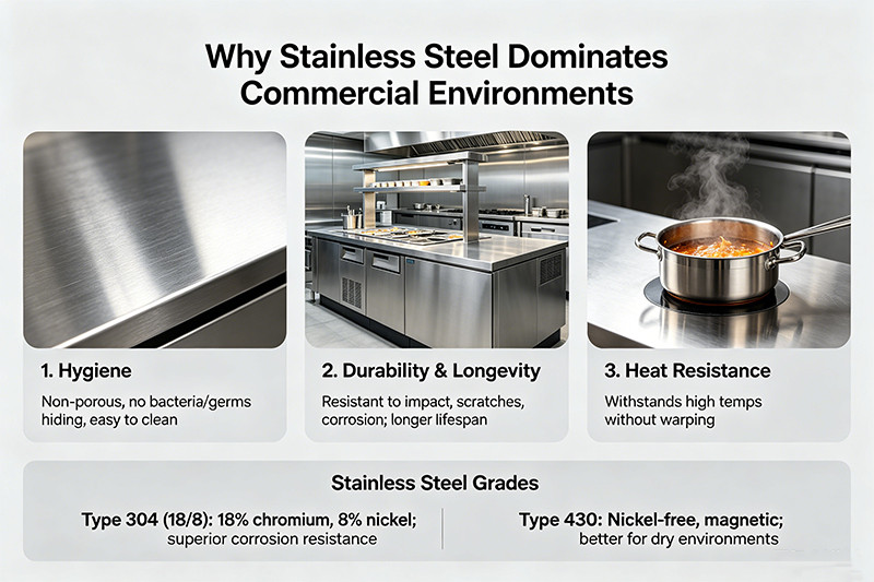 A shiny, clean stainless steel commercial work station in a professional kitchen setting.