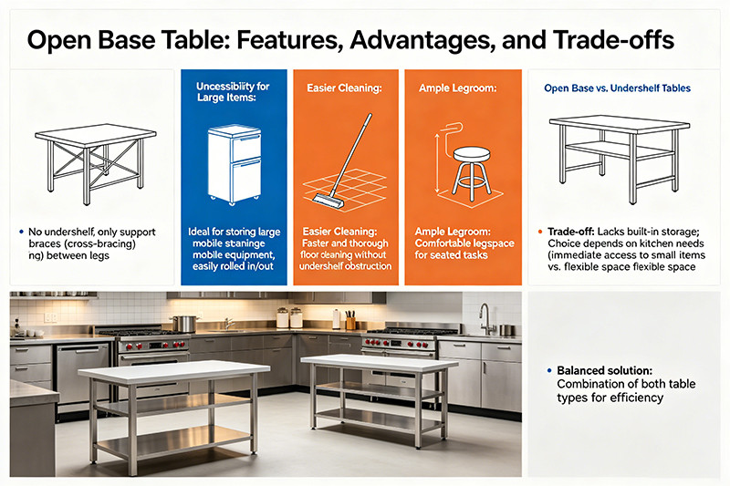A commercial work station with an adjustable undershelf holding containers and supplies.