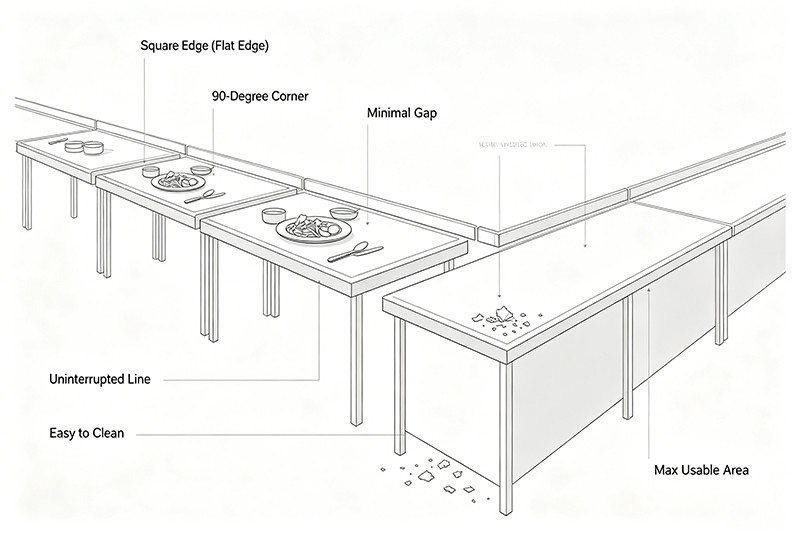Two commercial work stations with square edges placed side-by-side to form a continuous surface.