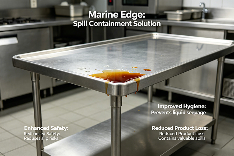 A close-up view of a commercial work station with a marine edge, showing the raised lip designed to contain spills.