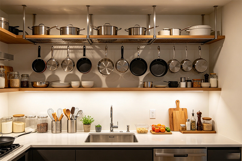 A commercial work station featuring a double-tier overshelf neatly organized with spices and small containers.