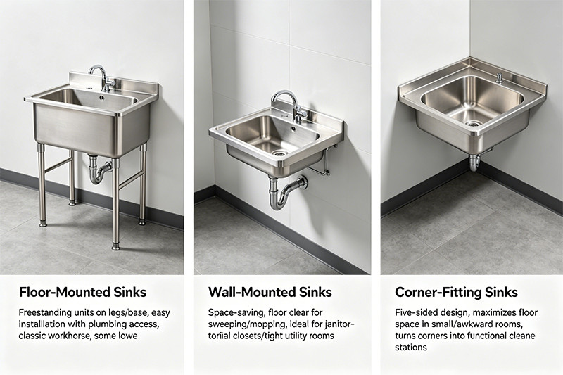 Comparison of a floor-mounted, wall-mounted, and corner-fitting stainless steel utility sink