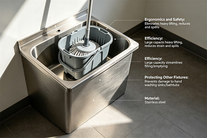 A janitor easily emptying a mop bucket into a floor-mounted stainless steel mop sink