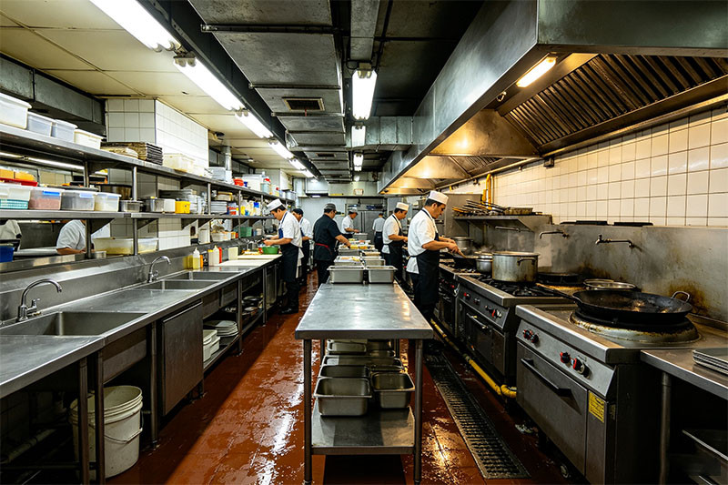A durable stainless steel worktable in a busy commercial kitchen, showing its resilience.