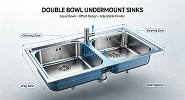 Double bowl stainless steel sink with modern faucet in kitchen setting