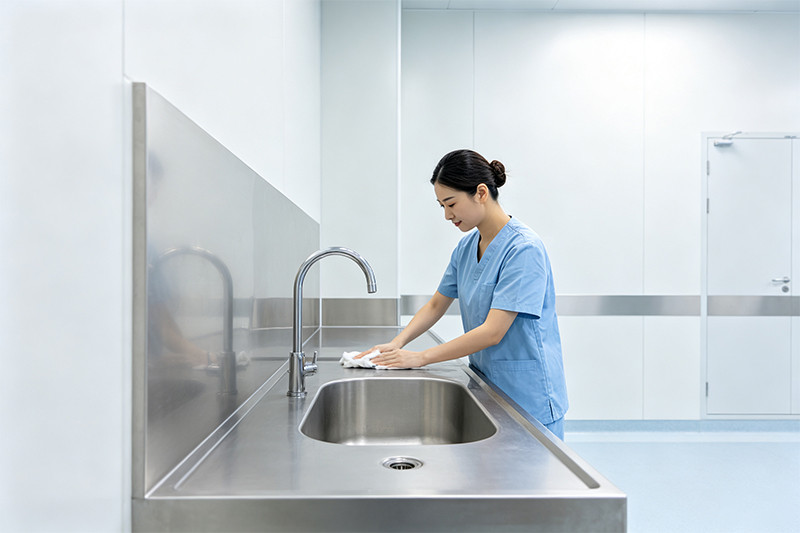 Sleek and compact single bowl stainless steel scrub sink installed in a clinic. Single Bowl Stainless Steel Scrub Sink
