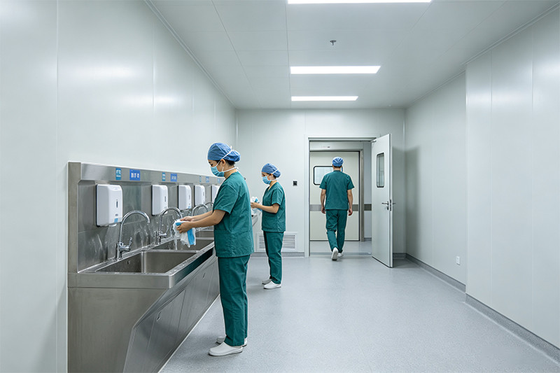 Two surgeons using a double bowl stainless steel scrub sink in a hospital operating room. Double Bowl Stainless Steel Scrub Sink