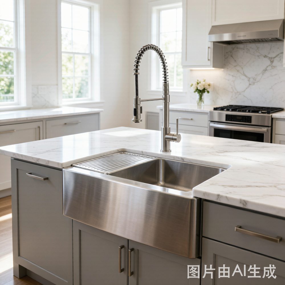 Modern kitchen with stainless steel farmhouse sink