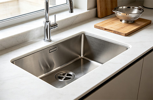 Modern kitchen with stainless steel undermount sink installed in stone countertop