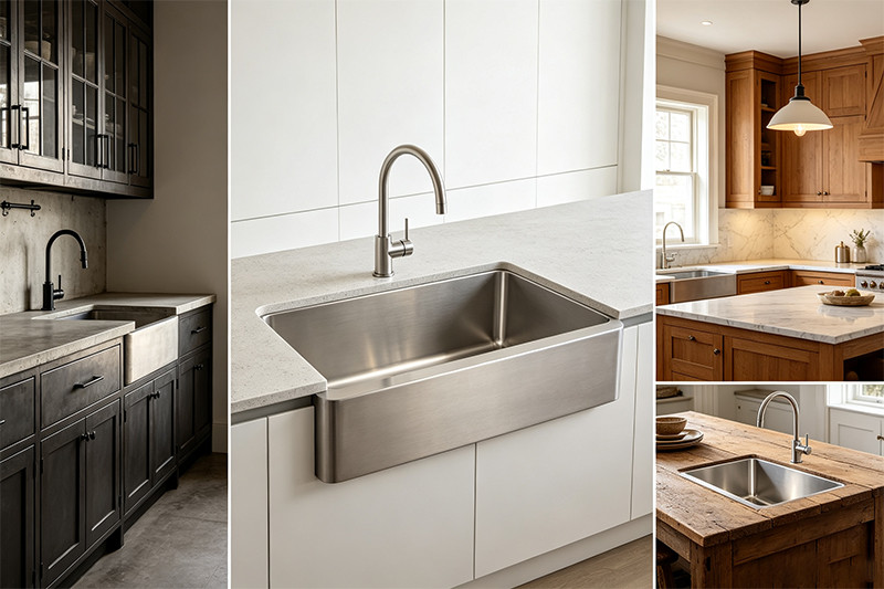 Modern stainless steel barn sink A modern kitchen featuring a sleek stainless steel barn sink with a brushed finish, set into a quartz countertop.