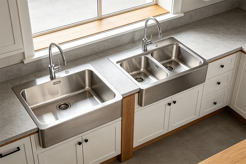 Single-bowl stainless steel apron sink A large, single-bowl stainless steel barn sink filled with soapy water and a large pot.