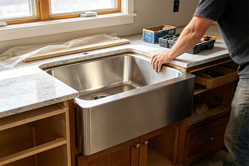Farmhouse sink cabinet installation guide A diagram showing the necessary cabinet cuts and support frame for a farmhouse sink installation.