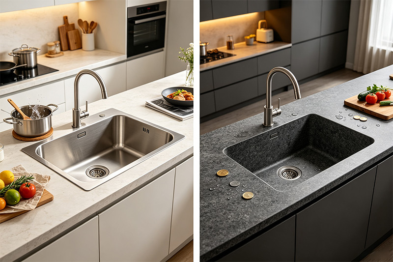 Stainless steel vs. granite composite barn sink A split image showing a stainless steel barn sink on one side and a matte black granite composite barn sink on the other.