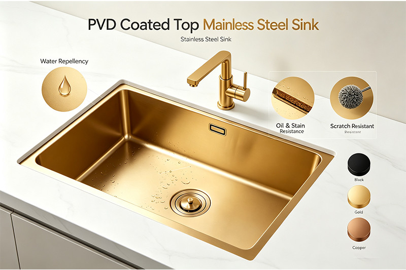 A close-up shot of water beading up on a black nano-coated stainless steel sink.