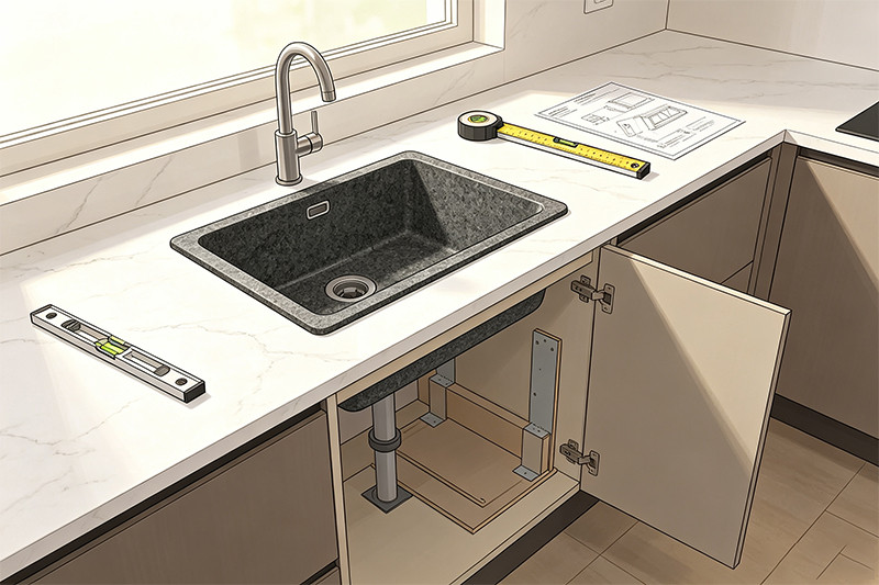 A person installing a heavy granite composite top mount sink with care.