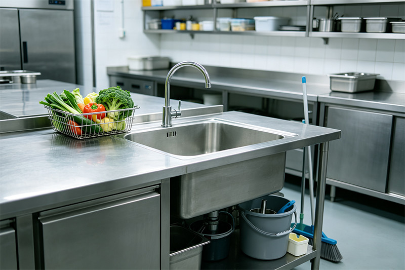 A single compartment stainless steel sink used for food preparation in a commercial kitchen.