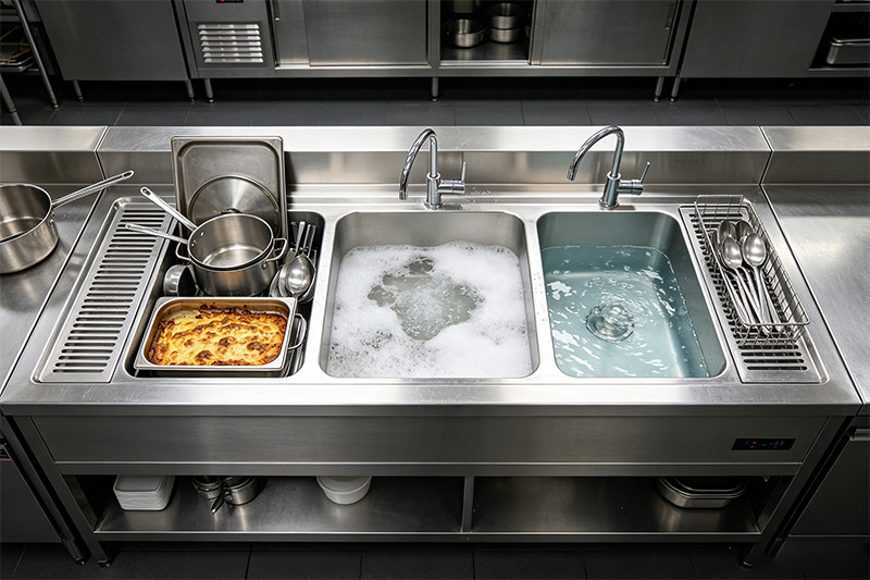 A chef properly using a large, three-compartment sink to wash, rinse, and sanitize dishes.
