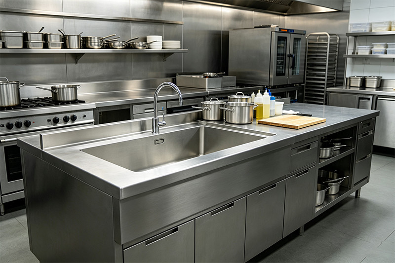 Close-up of a durable 16-gauge stainless steel commercial sink, showing its smooth, easy-to-clean surface.