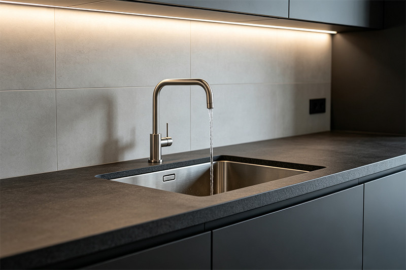 Sleek Undermount Kitchen Sink Design A sleek undermount stainless steel sink seamlessly integrated into a quartz countertop.