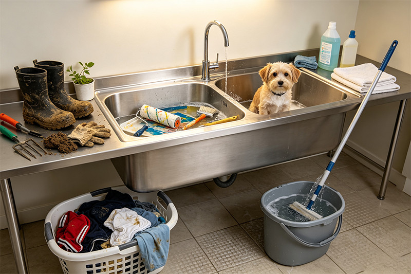 A stainless steel slop sink installed in a modern laundry room, showcasing its deep basin.