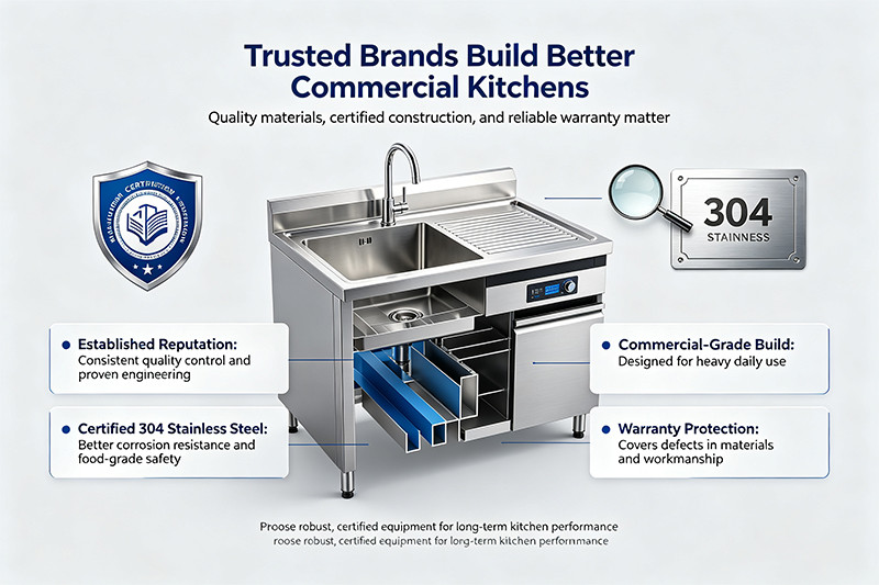 A display of various Samsink stainless steel kitchen equipment, looking clean and professional.
