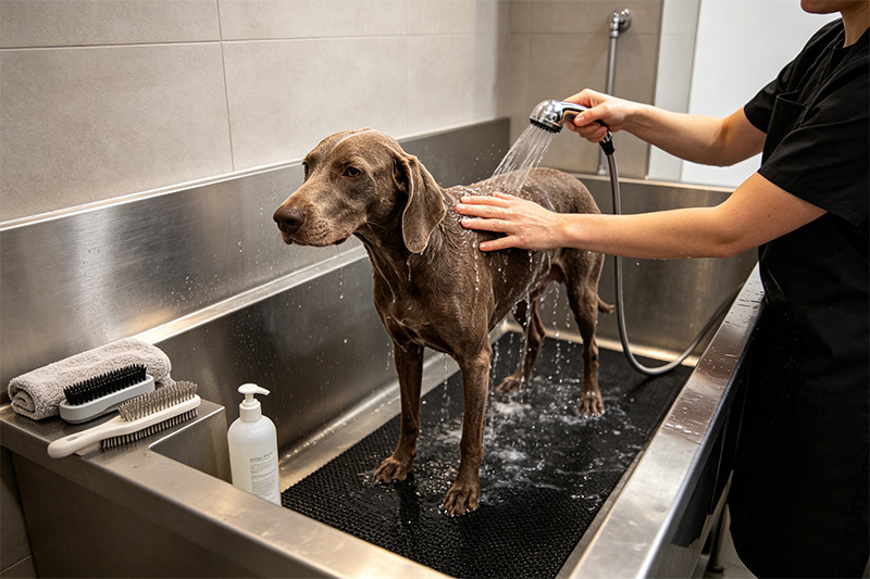 A happy dog getting a bath in a laundry room pet sink with a non-slip mat