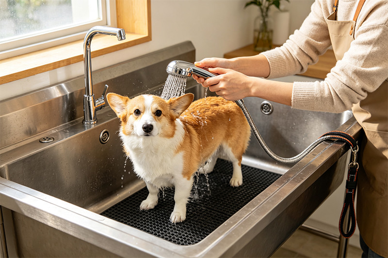 A chrome handheld faucet spraying water into a pet sink