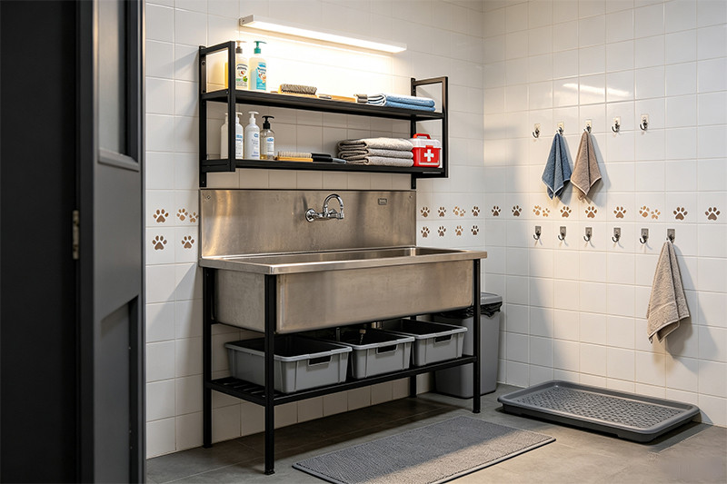 A well-organized pet wash station with shelves for shampoo and hooks for towels