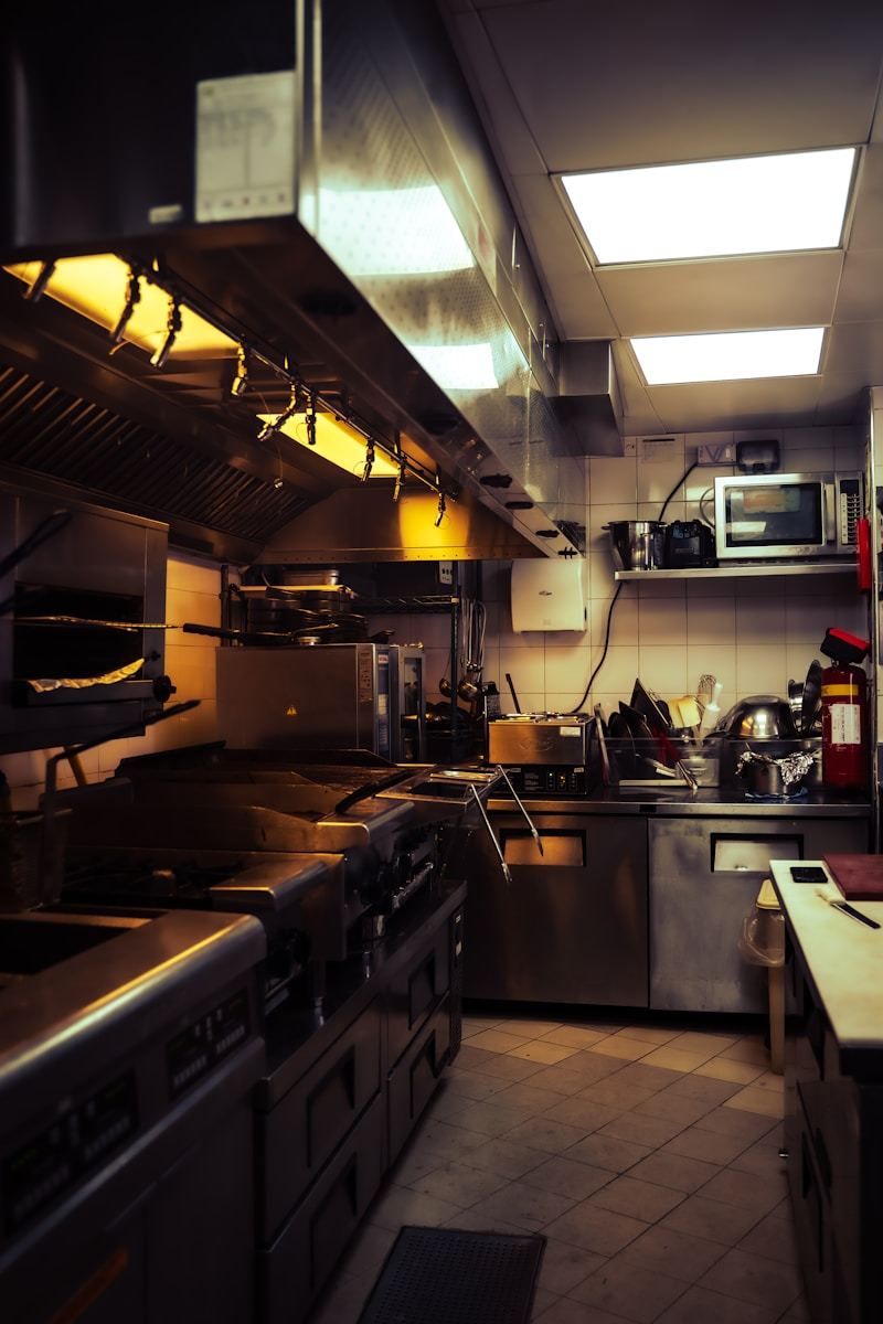 Commercial kitchen with stainless steel appliances and counters