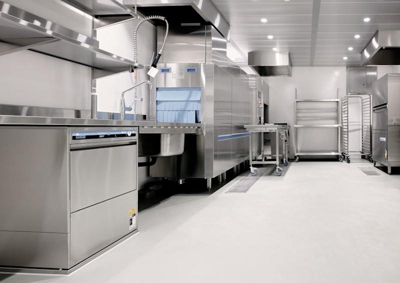 Commercial kitchen with stainless steel equipment