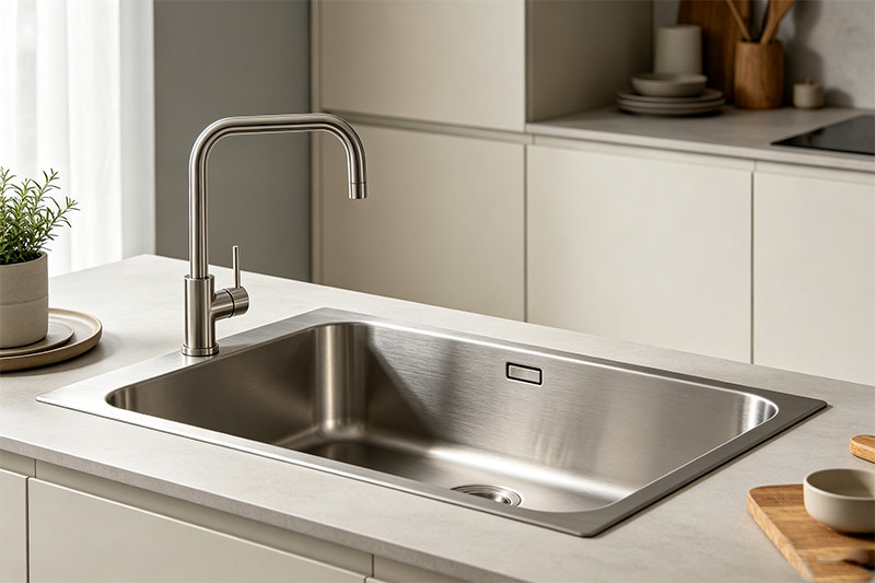 A modern kitchen featuring a sleek undermount stainless steel sink.
