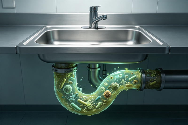 A diagram showing the formation of biofilm inside a hospital sink drain P-trap