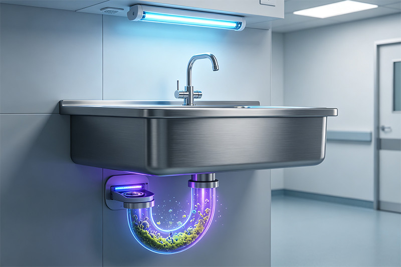A UVC light disinfection device installed in a hospital sink drain