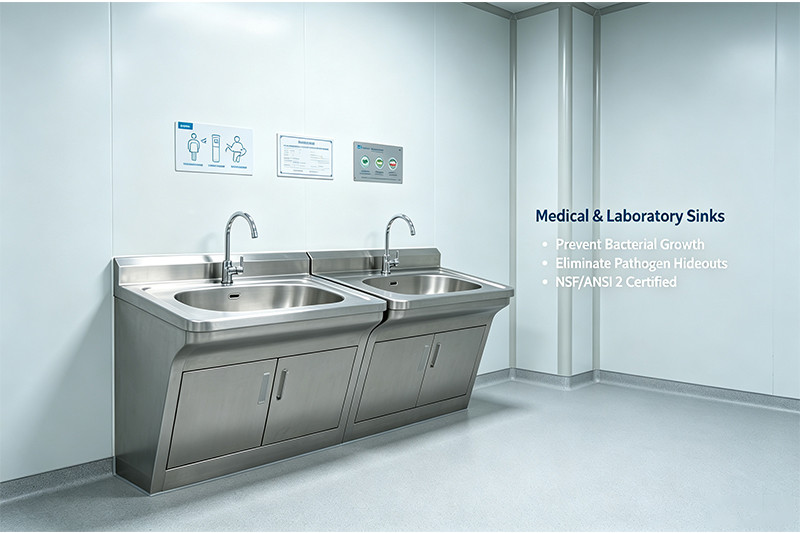 A three-compartment stainless steel sink in a commercial kitchen setting