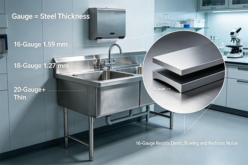 Close-up of a 16-gauge stainless steel sink corner showing its thickness
