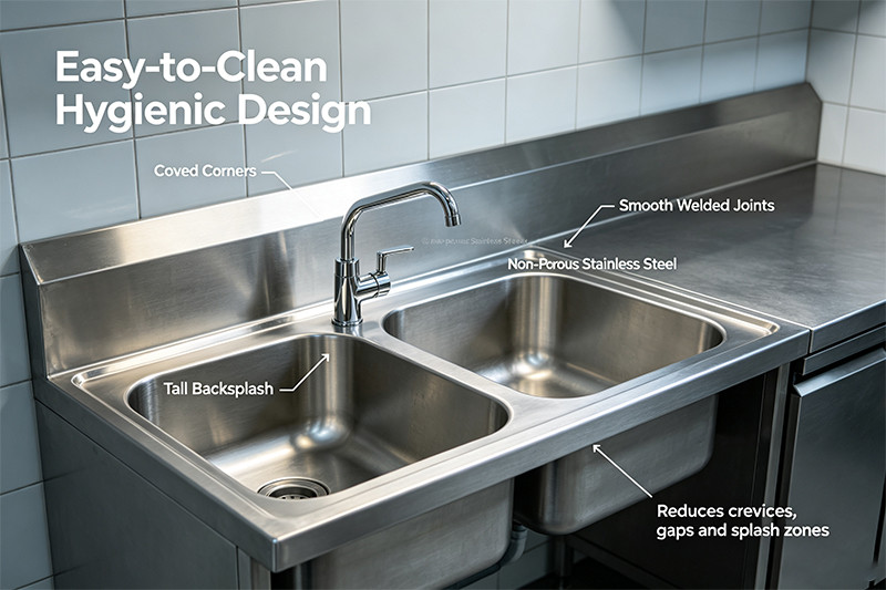 A close-up view of a sink's coved corners, showing the smooth, curved transition from wall to bottom.