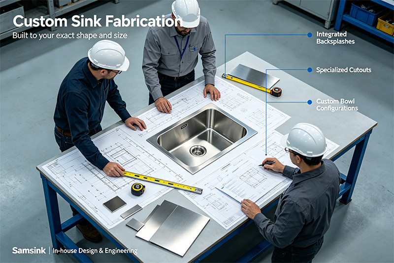 A custom-fabricated stainless steel sink with multiple compartments and integrated drainboards.
