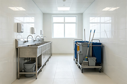 Stainless steel mop sink in commercial cleaning environment