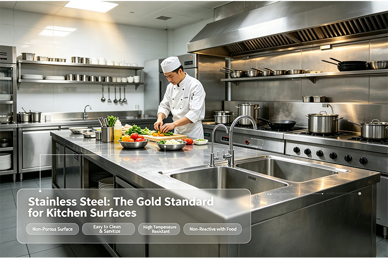 Hygienic stainless steel sink bench A gleaming stainless steel sink bench in a professional kitchen setting