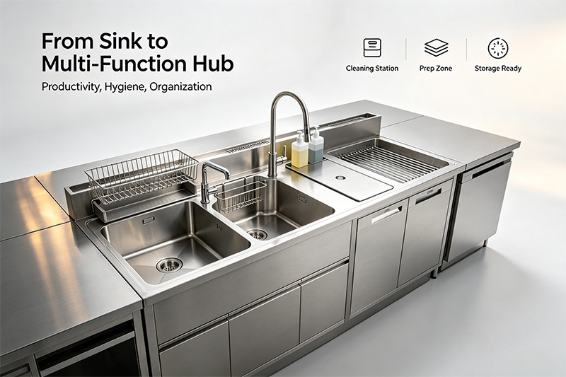 Functional stainless steel sink bench with features A stainless steel sink bench with integrated drainboards, a tall splashback, and a solid undershelf for storage