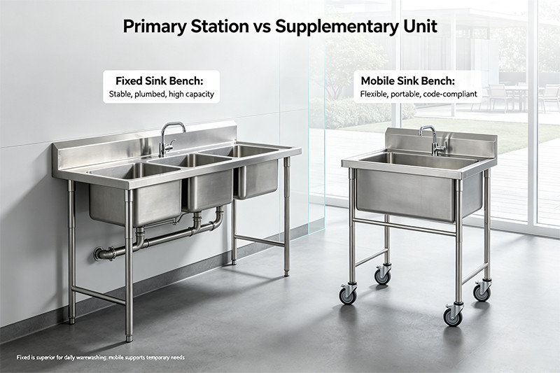 Mobile vs. fixed sink benches A mobile stainless steel sink on castors next to a large, fixed three-compartment sink bench